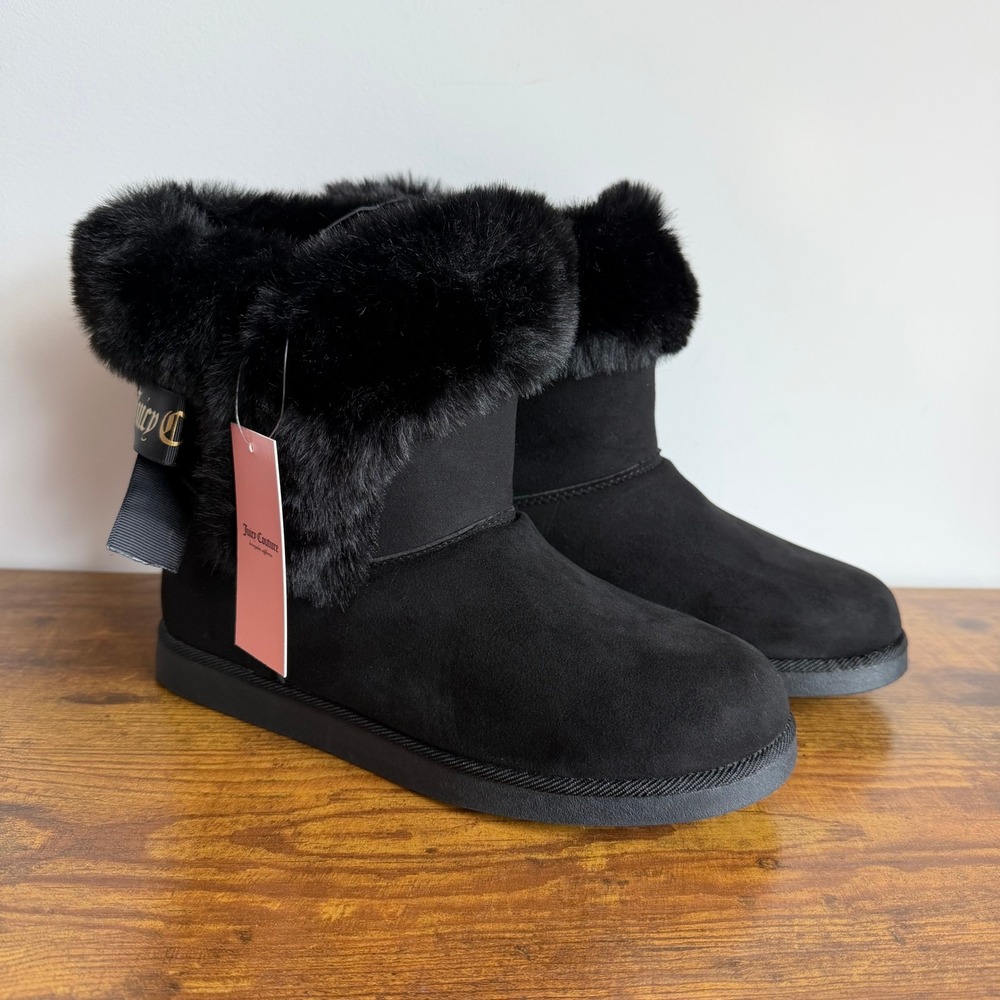 New Juicy Couture US 8 Faux Fur Black Fluffy Boots Winter Shoes Women Bow Gothic